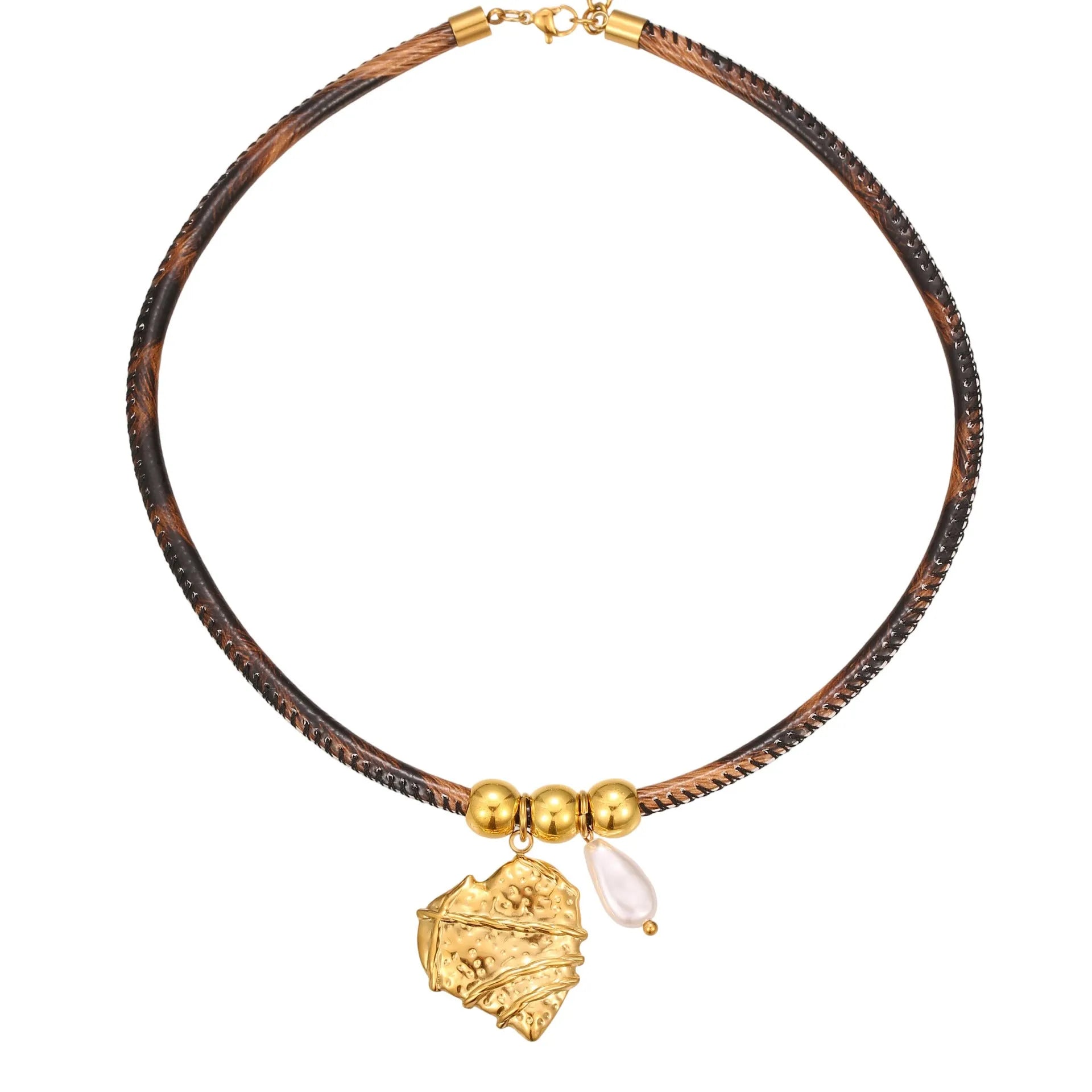 Geometric leopard leather pendant on stainless steel necklace with adjustable 41-50cm chain
