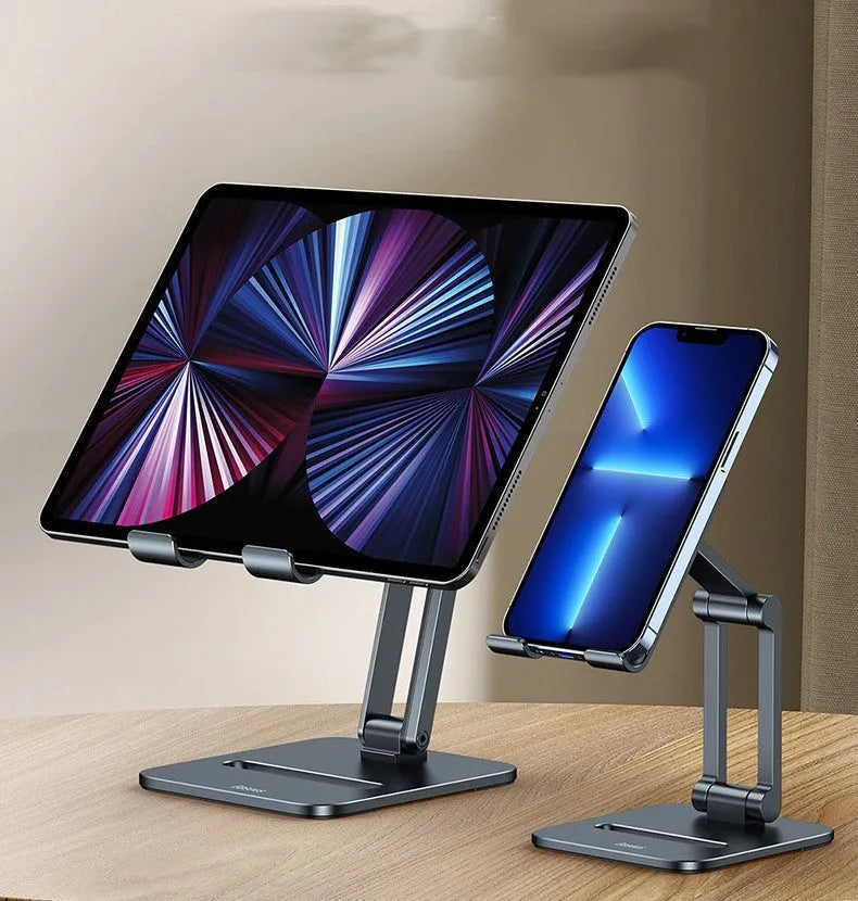Deep space grey aluminium folding stand holding a tablet next to its compact folded size.