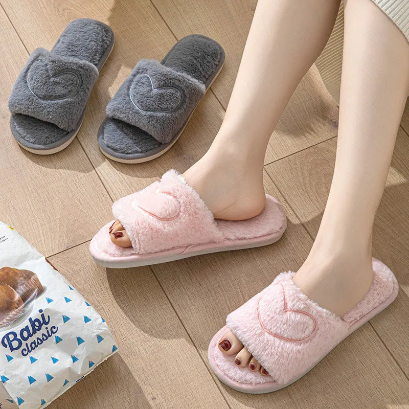 Plush open toe couple slippers in black with TPR sole and thickening upper