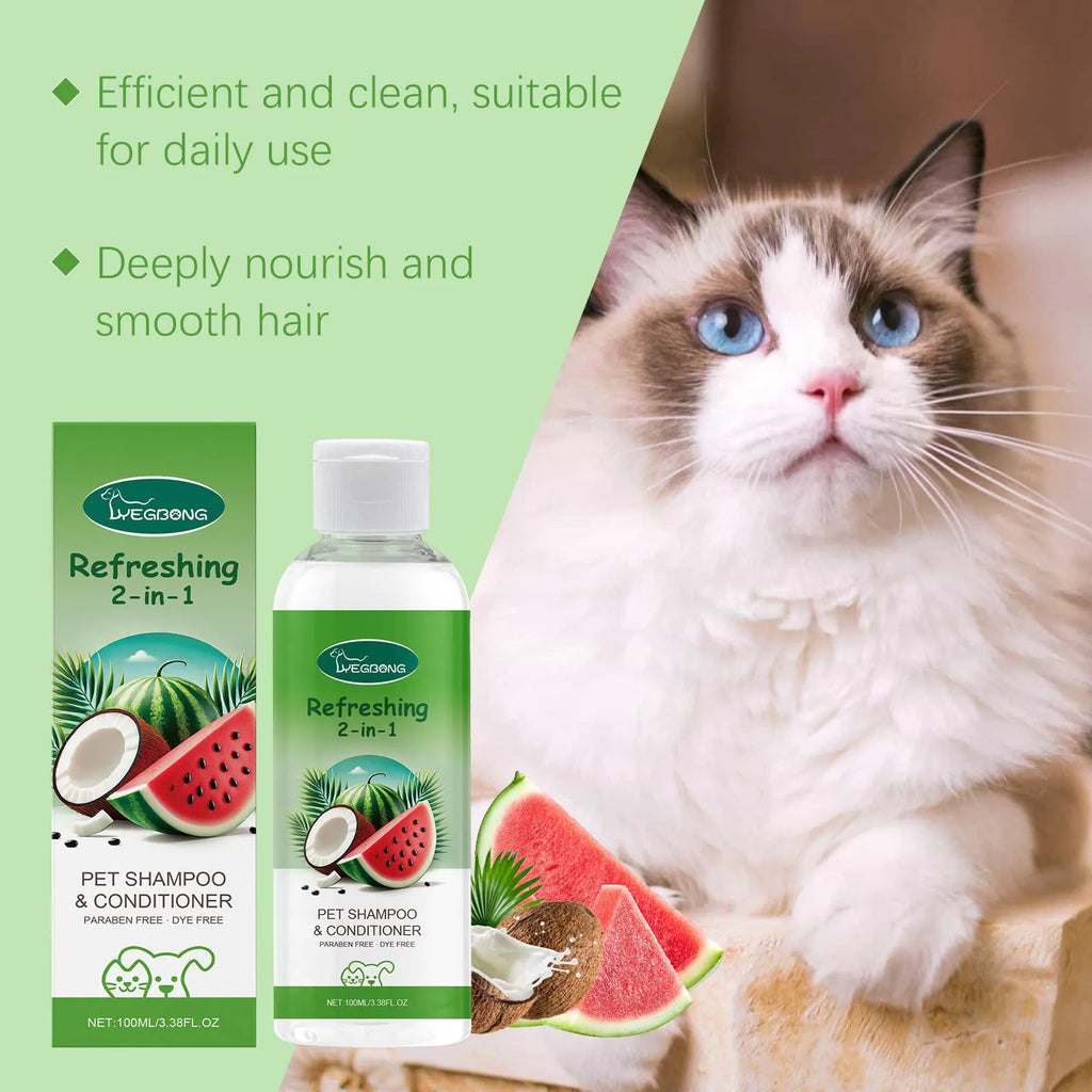 A 100ml bottle of pet 2-in-1 shampoo and conditioner with watermelon and coconut extract.