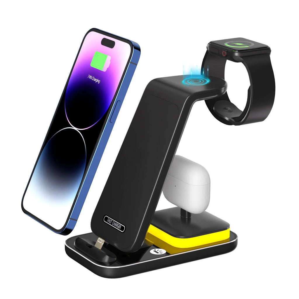 Black vertical wireless charger with mobile phone, smartwatch and headphones charging simultaneously