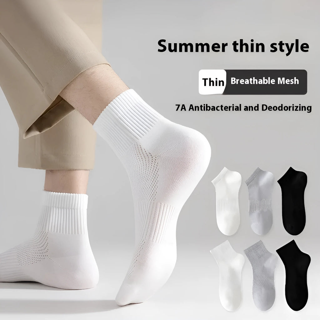 Men's thin mesh breathable white cotton socks with antibacterial middle calf length one size