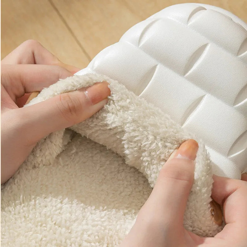 Plaid-patterned detachable EVA house slippers with plush lining, shown in pink, green, yellow, white, grey, or black.