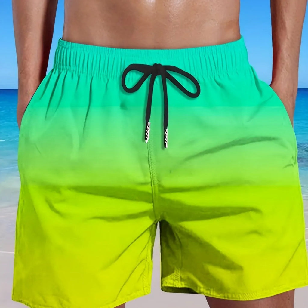 Men's gradient colour sports shorts with 3D digital printing on mesh fabric.