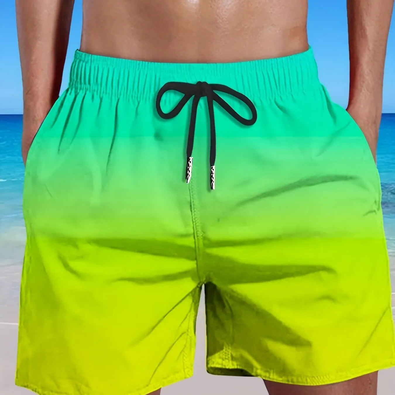 Men's gradient colour sports shorts with 3D digital printing on mesh fabric.