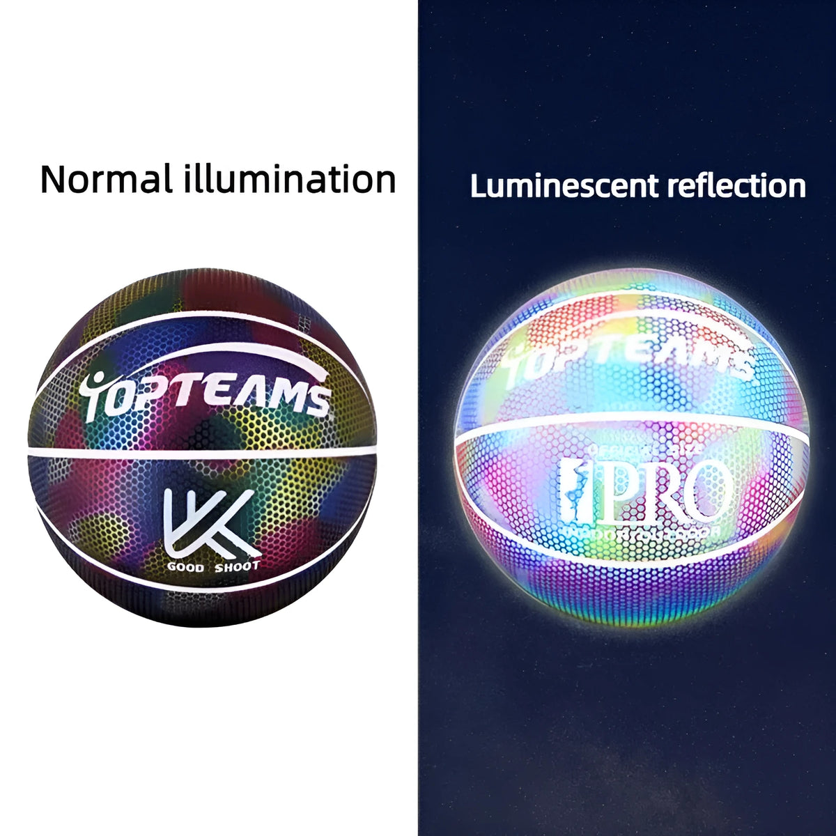Holographic reflective size 7 PU basketball in White Moonlight colour on court