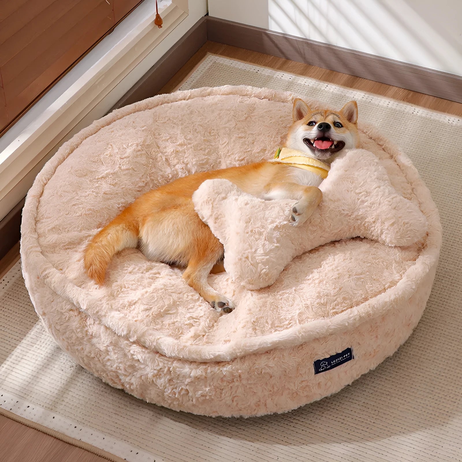 Small bite-resistant cloth dog kennel in a round nest milk tea colour.