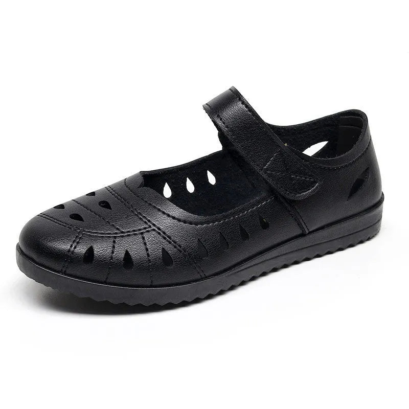 Women's hollow breathable flat sandals with Velcro fastening in black, brown, red, round toe, imitation leather upper