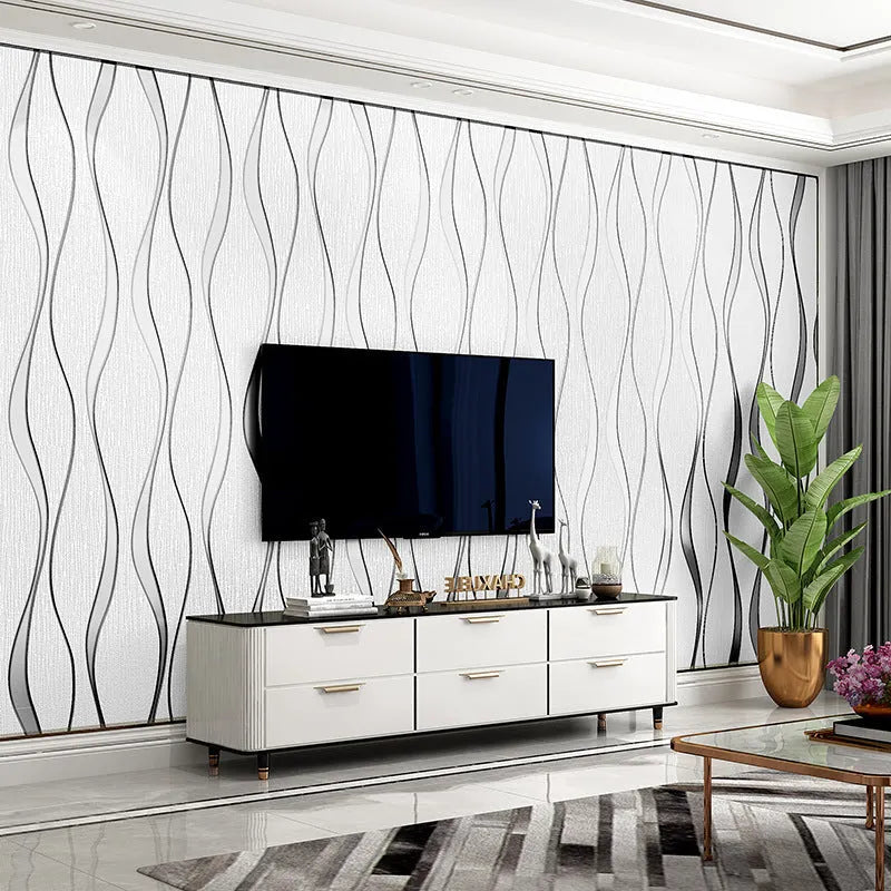Curve Stripe 3D textured wallpaper roll showing close-up of light grey velvet geometric pattern