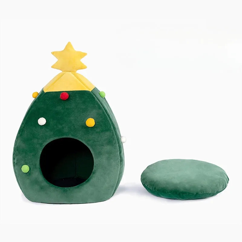 Plush teddy pet bed in Christmas tree cave shape with detachable and washable cover