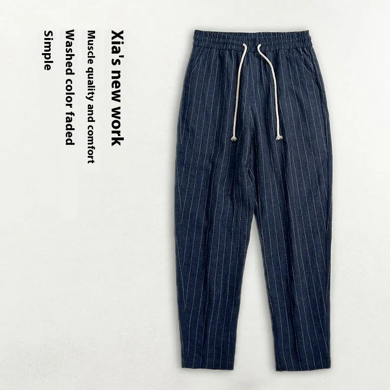 Men's striped cotton linen cropped trousers in four colour options on size chart