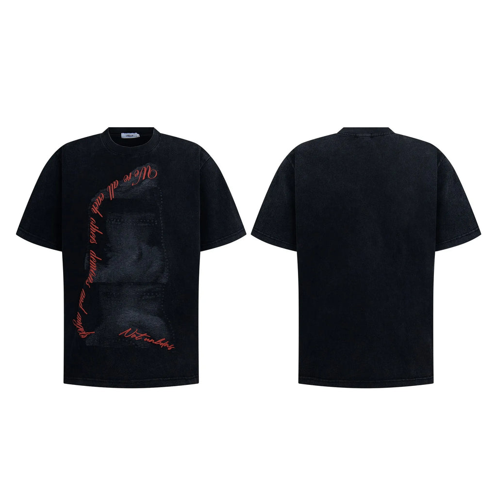 Washed vintage men's loose short sleeve t-shirt in black cotton blend, front view