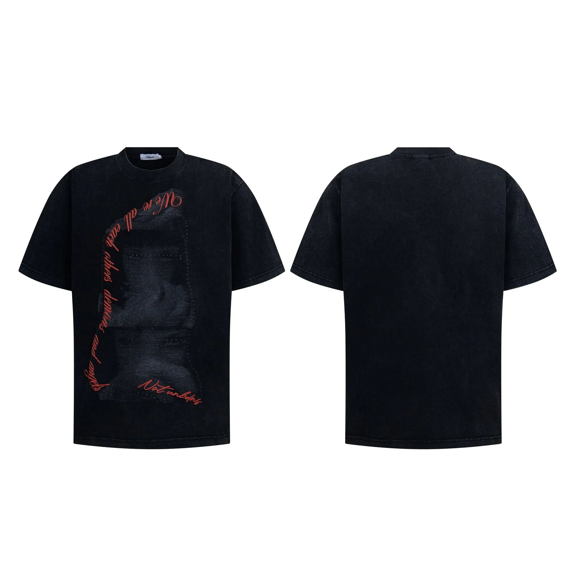Washed vintage men's loose short sleeve t-shirt in black cotton blend, front view