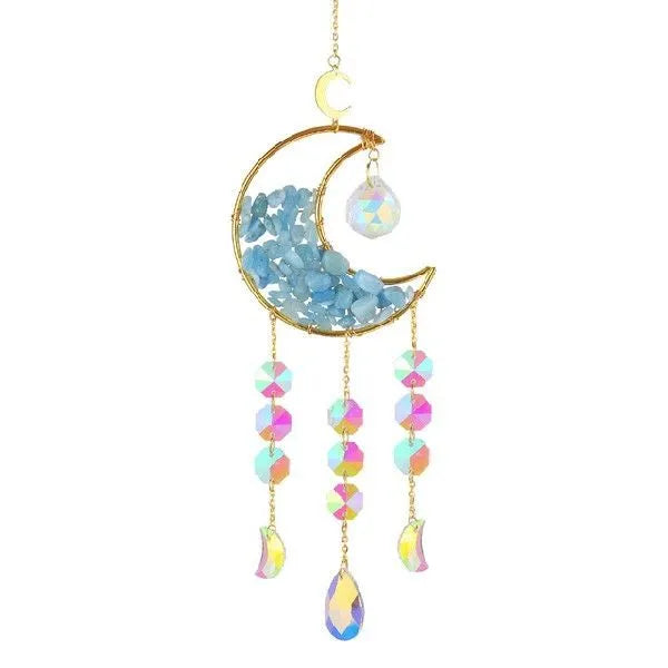 K9 crystal moon car pendant hanging on a metal chain, shown in a blue colour option.