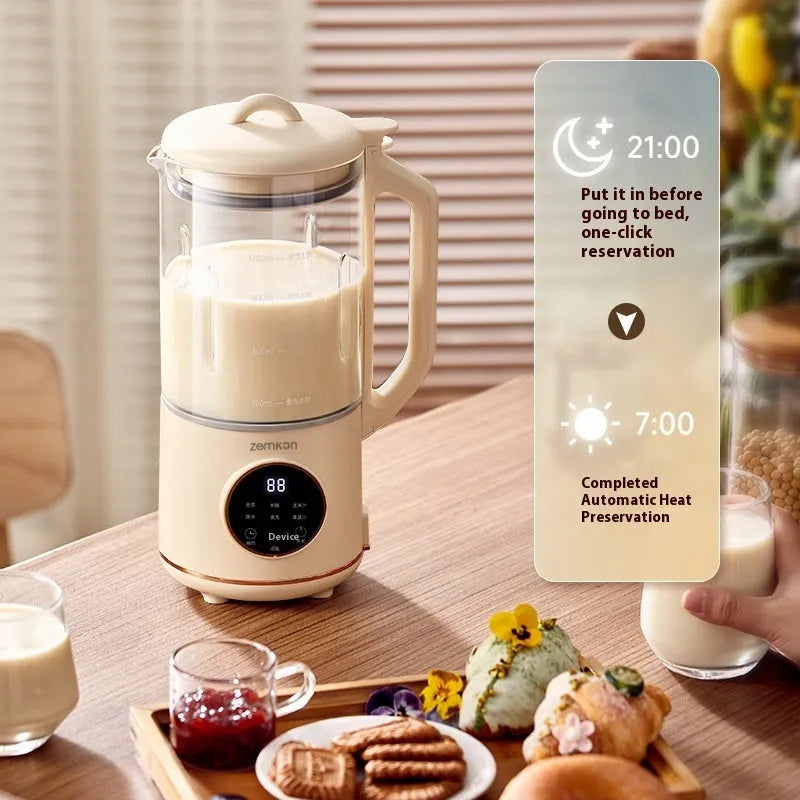 Milky white automatic cytoderm breaking soybean milk maker with glass body and touch control panel.