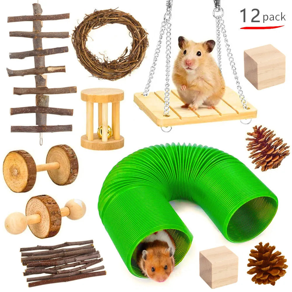 Assortment of wooden chew toys and natural fibre balls and mats for small pets like rabbits and parrots