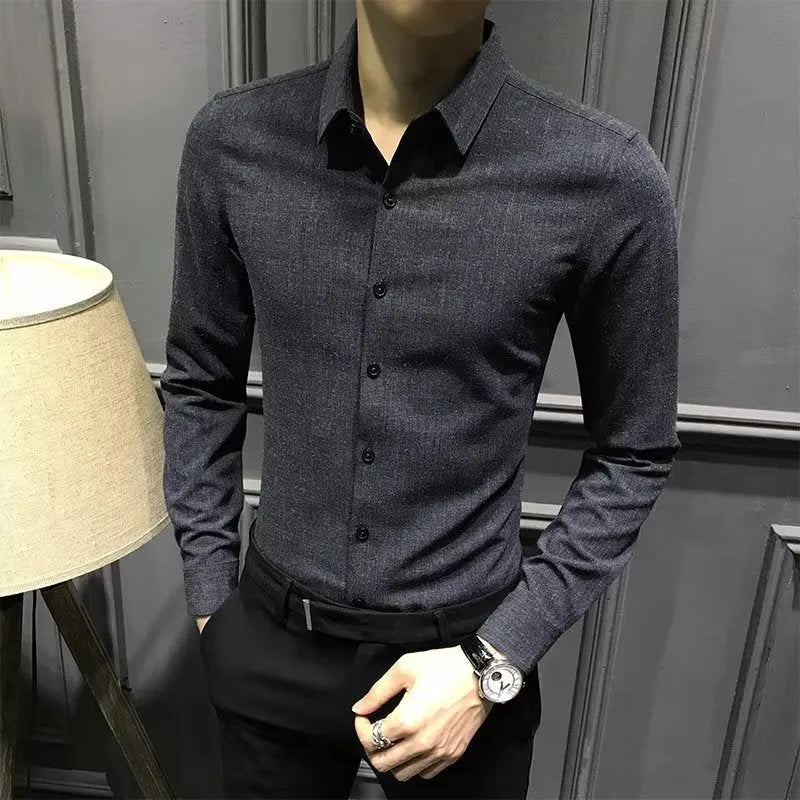 Men's loose fit long sleeve polyester shirt in black, autumn winter style, sizes M to 3XL