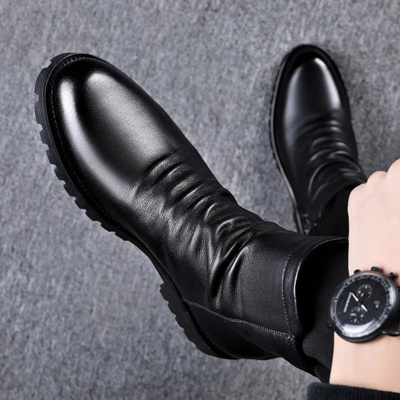Men's black high-top leather Martin boots with side zipper, two-layer cowhide upper, and artificial wool lining.