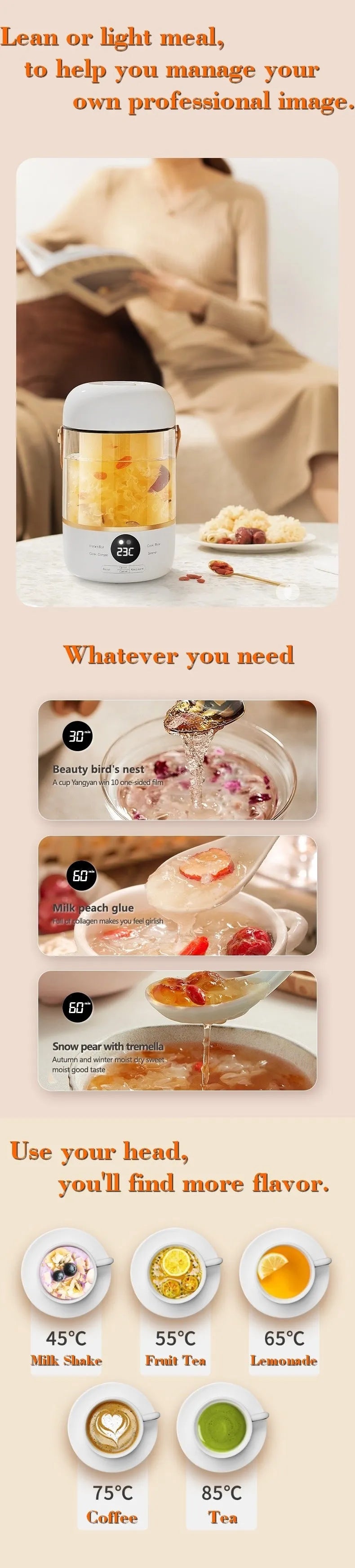 Personal portable electric stew cooker with transparent glass pot and fibreglass body on a desk.