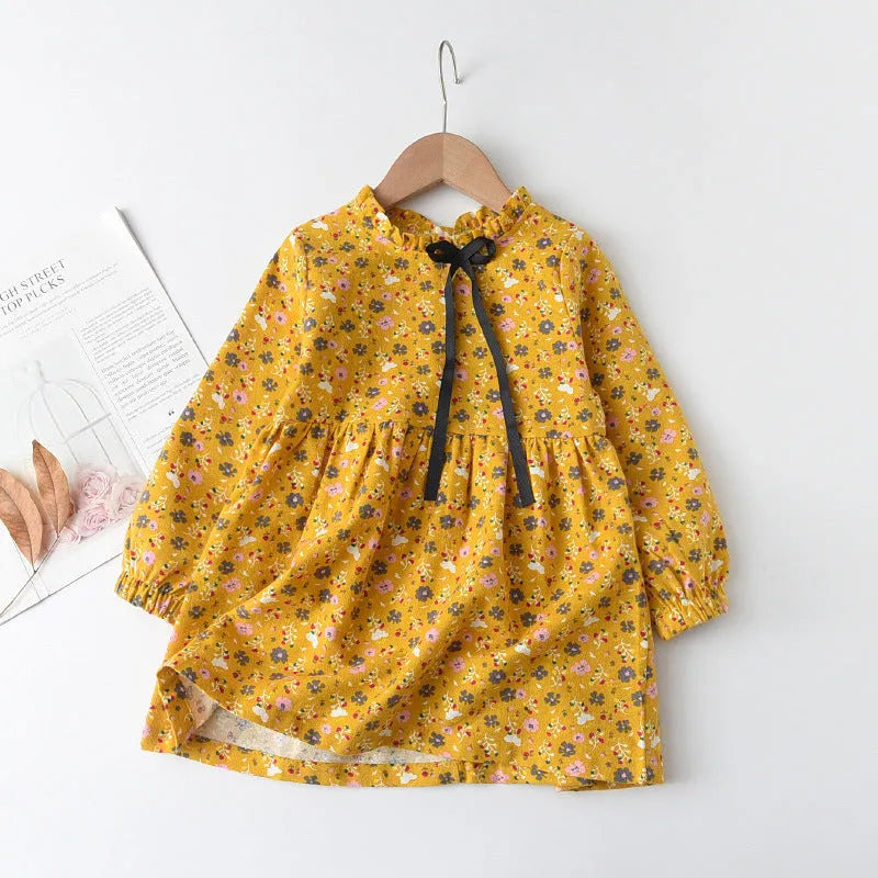 Girls' floral cotton long sleeve princess dress with ribbon bowknot in pink, gray, green or gold, sizes 90cm to 150cm.