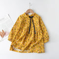 Girls' floral cotton long sleeve princess dress with ribbon bowknot in pink, gray, green or gold, sizes 90cm to 150cm.