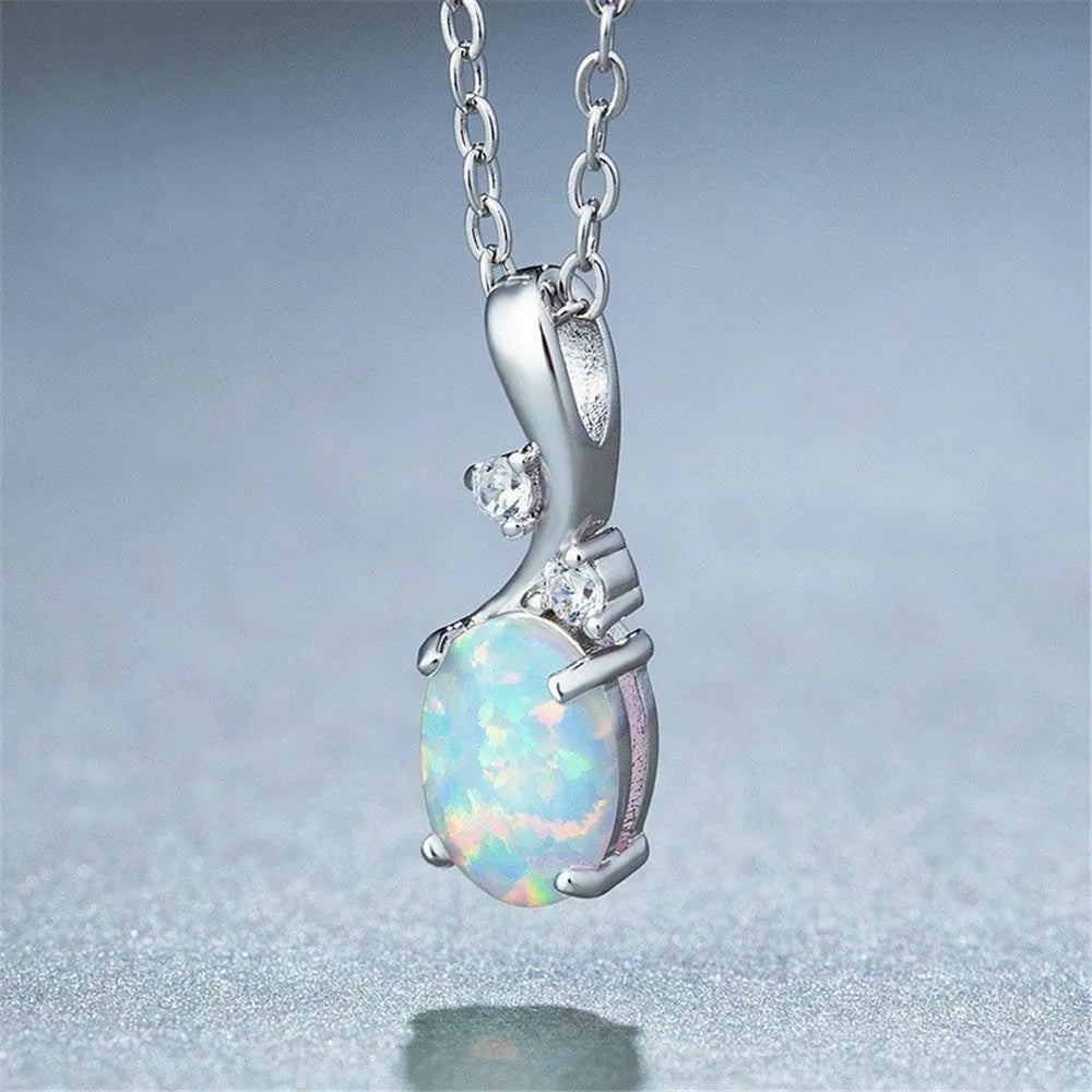 Water drop shaped opal pendant necklace on adjustable O-shaped chain in rose gold electroplated finish