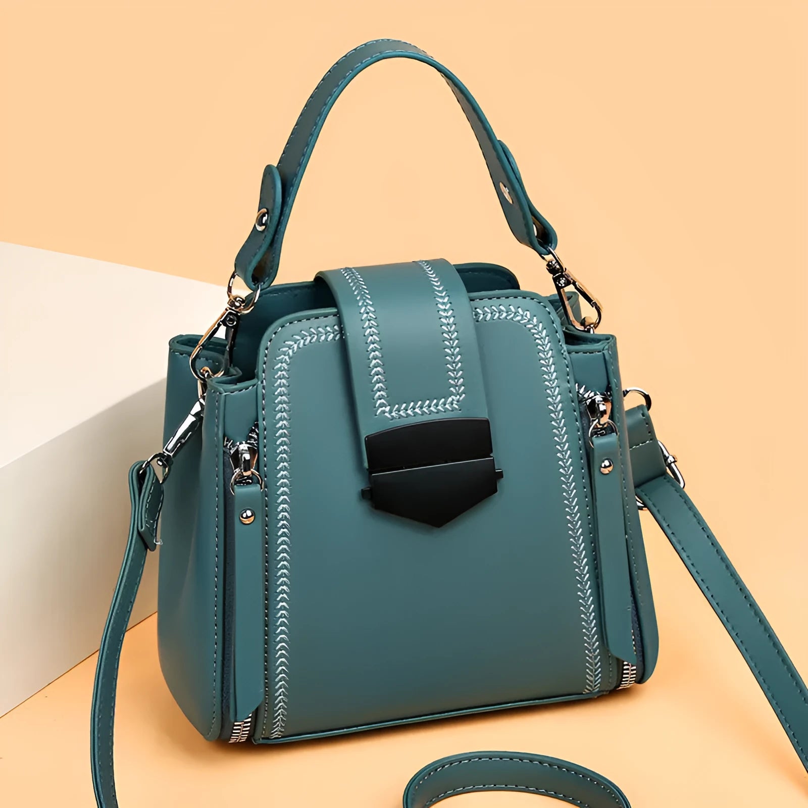 Soft PU leather ladies small handbag with square vertical shape and sewing thread detail