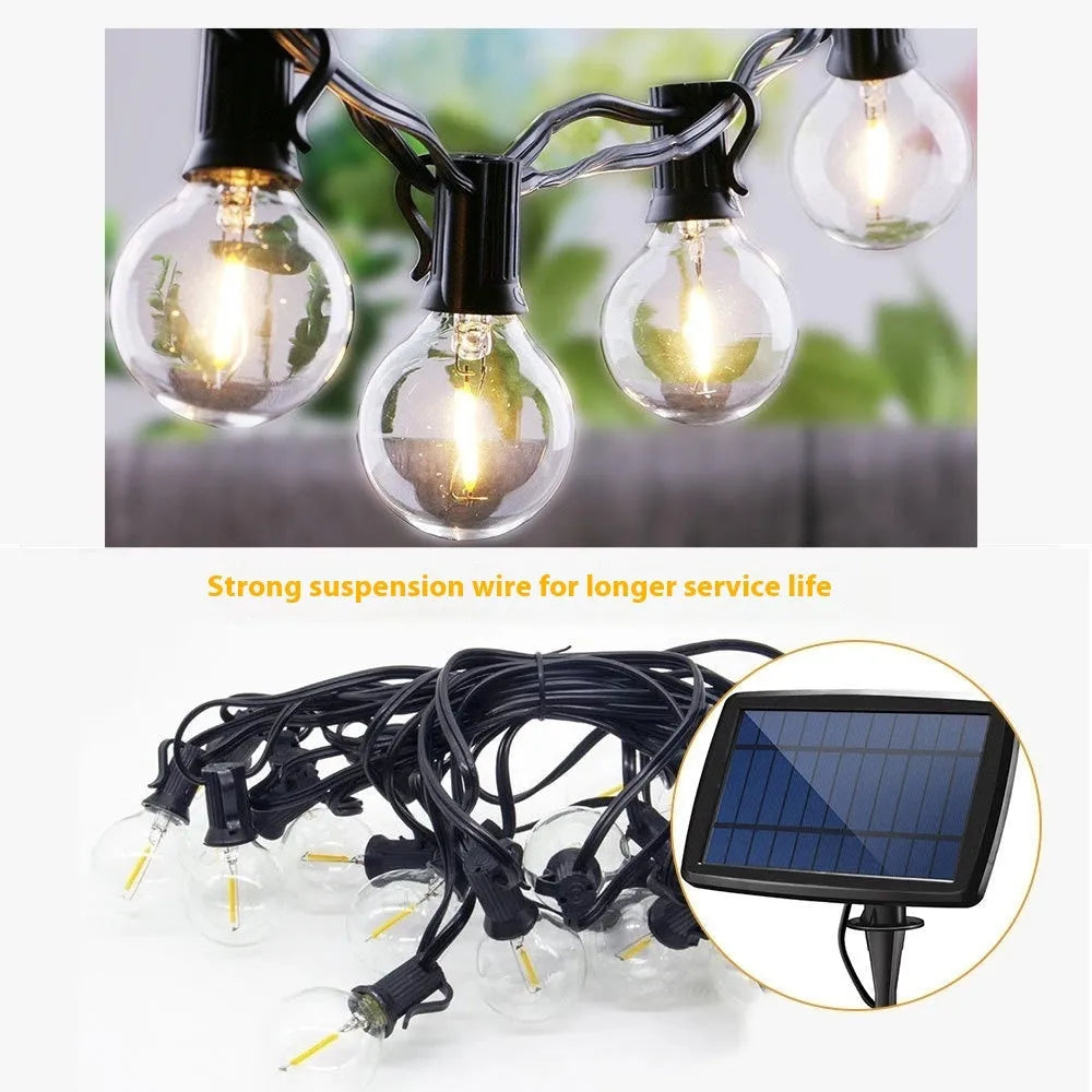 Outdoor waterproof LED lighting chain with warm light, plastic shell, IP44 rating, available in 7.5m, 16.5m, and 26.5m lengths.