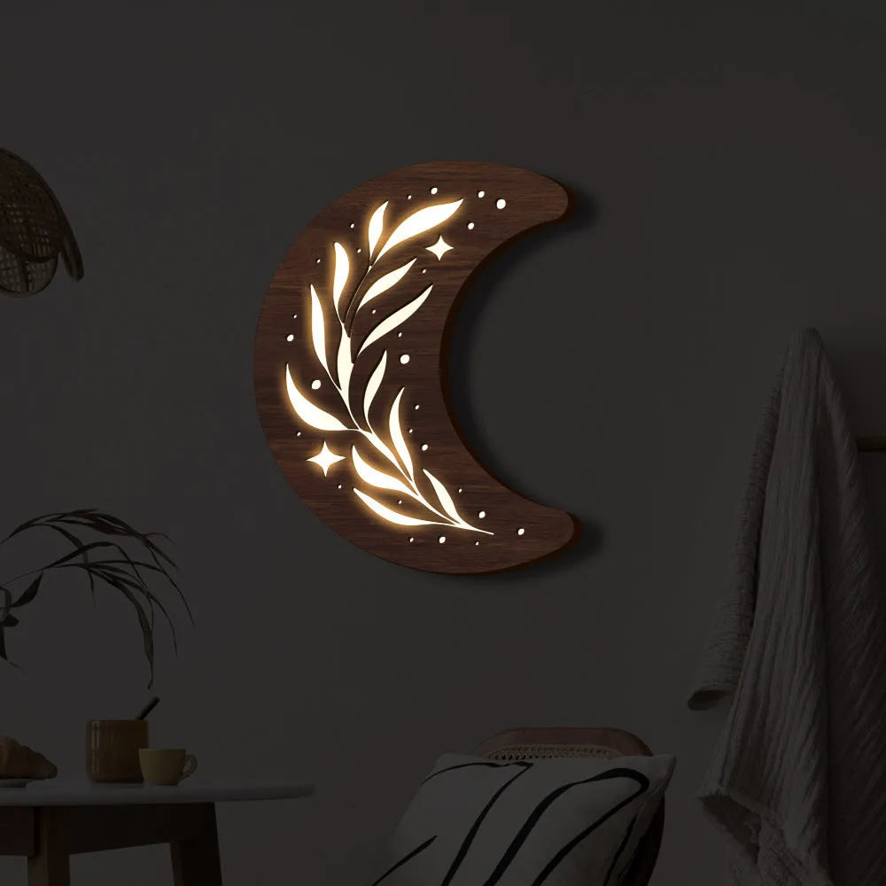 Bohemian style wooden leaf crescent pendant lamp with basswood construction