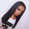 Women's black front lace wig, medium-long straight, fully hand-woven, high temperature wire, dyeable