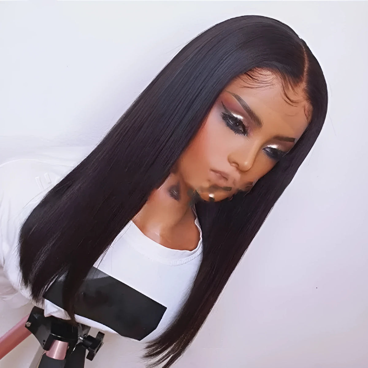 Women's black front lace wig, medium-long straight, fully hand-woven, high temperature wire, dyeable