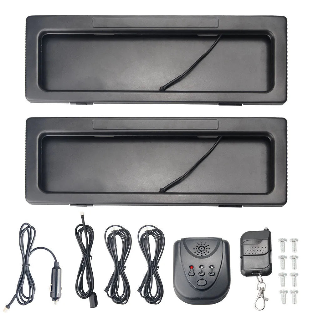 Set of two black iron license plate frames for Australian standard electric vehicle plates, pack dimensions 42.5x16x6cm