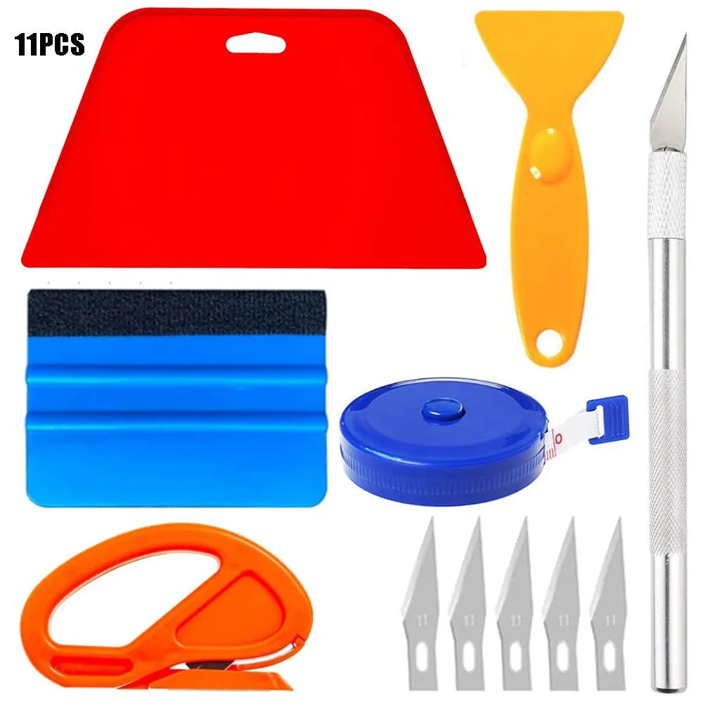 Plastic car film smoothing tool set with 10 pieces for automotive wrap and vinyl application.