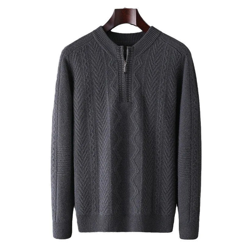 Men's grey diamond pattern half-zip wool sweater showing texture detail and zip neckline