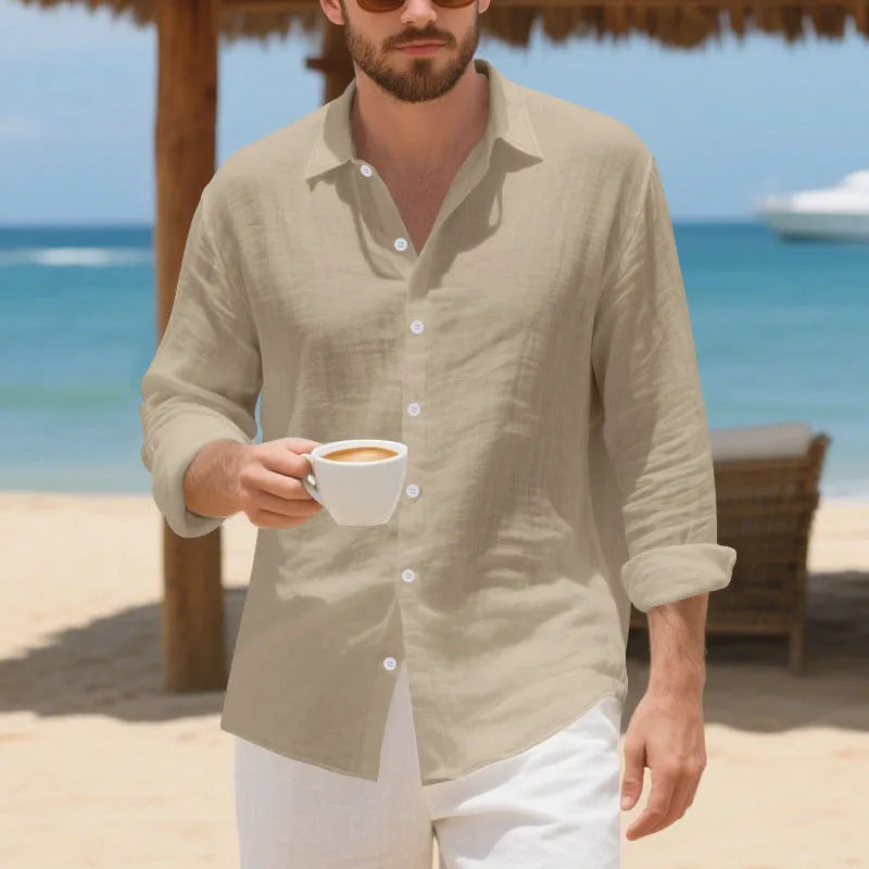Man wearing a loose-fit light blue linen casual shirt with button-down front, showcasing its relaxed American style.