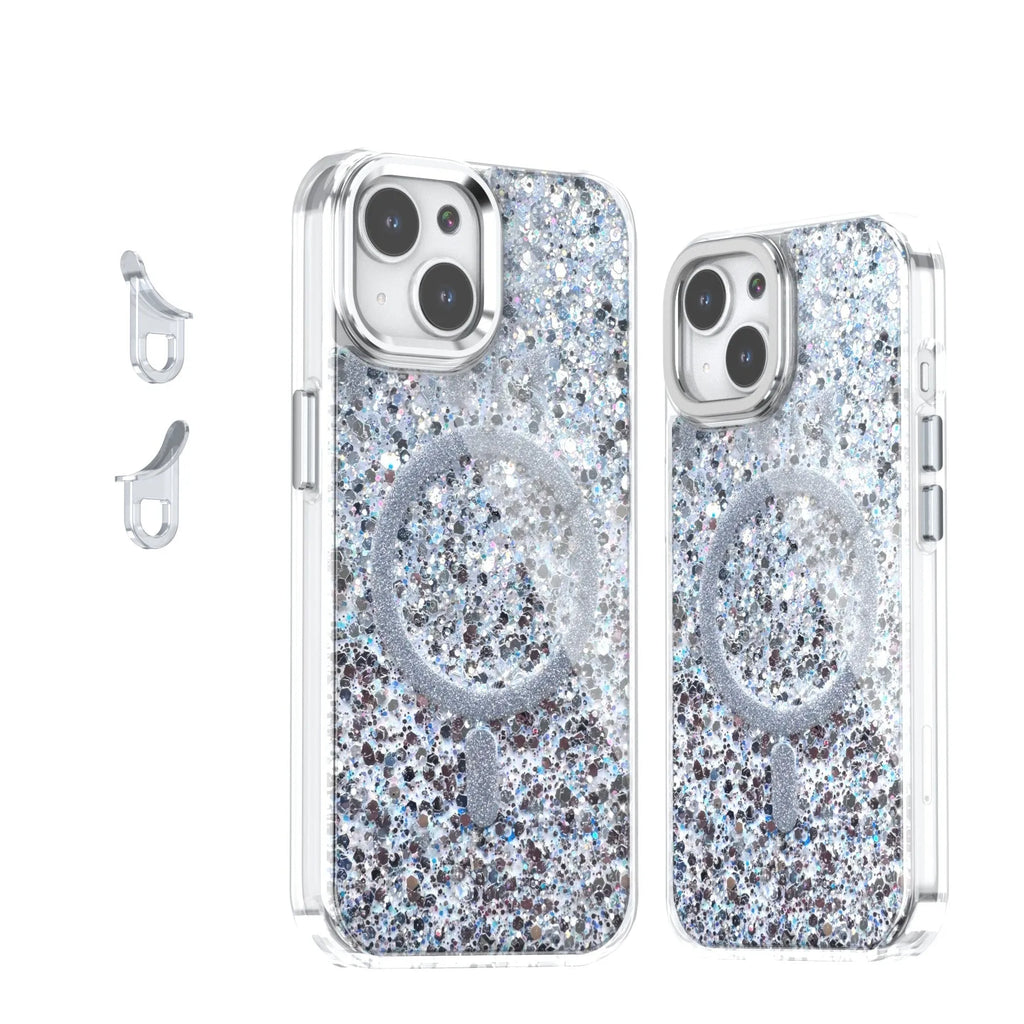Creative glitter sequins epoxy magnetic phone case for iPhone, transparent back, TPU, available in multiple colours compatible with IP12 to IP16 series