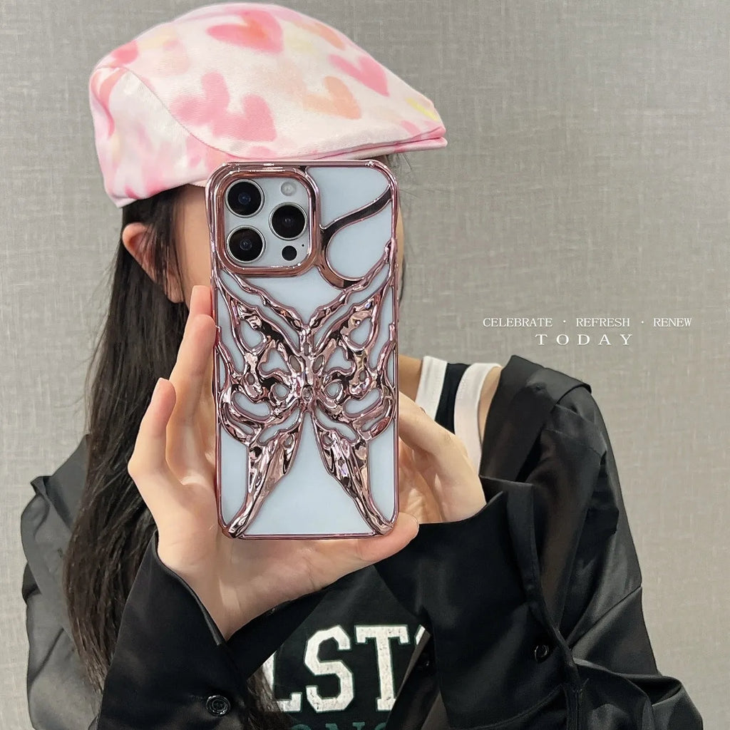 TPU mobile phone case with hollow butterfly electroplated design in silver, suitable for Apple iPhone 16 Pro