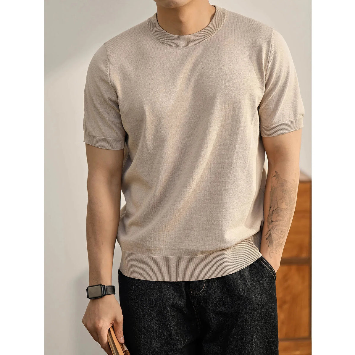 Plus size men's short-sleeved loose fit polyester pullover sweater in khaki colour