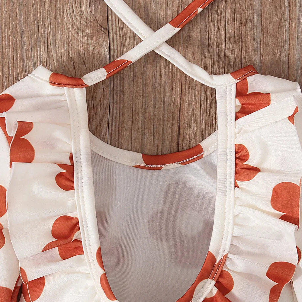 Girl's pattern graphic print crew neck open back swimsuit in orange red with flower design, polyester fabric