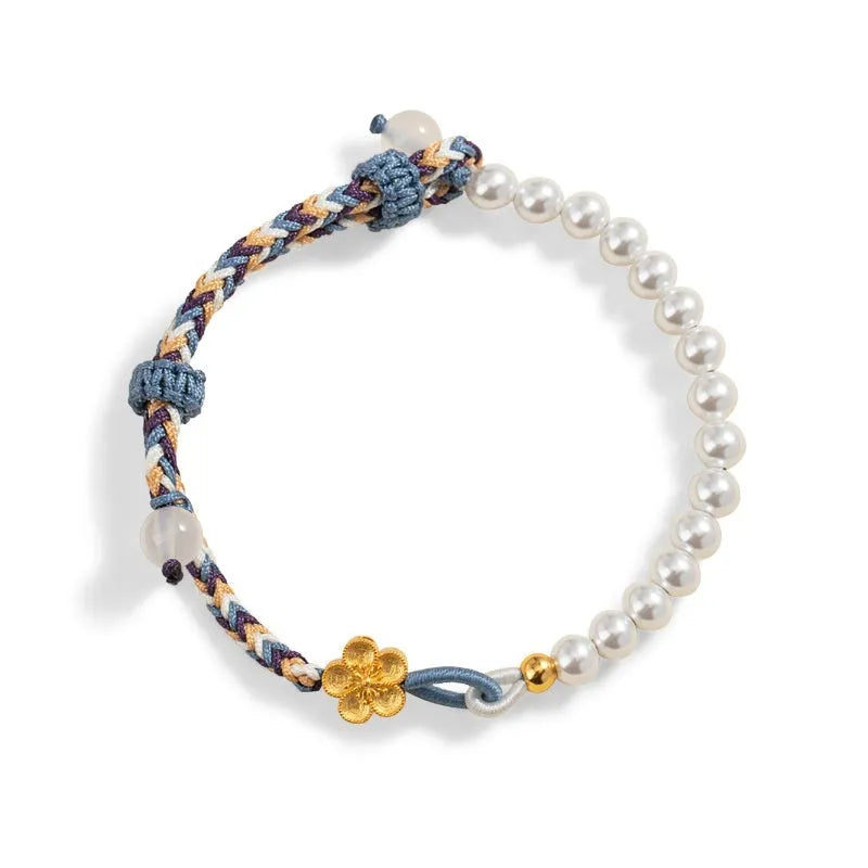 Sterling silver chalcedony Chinese flower weaving bracelet with peach colour cord and pearl floral elements