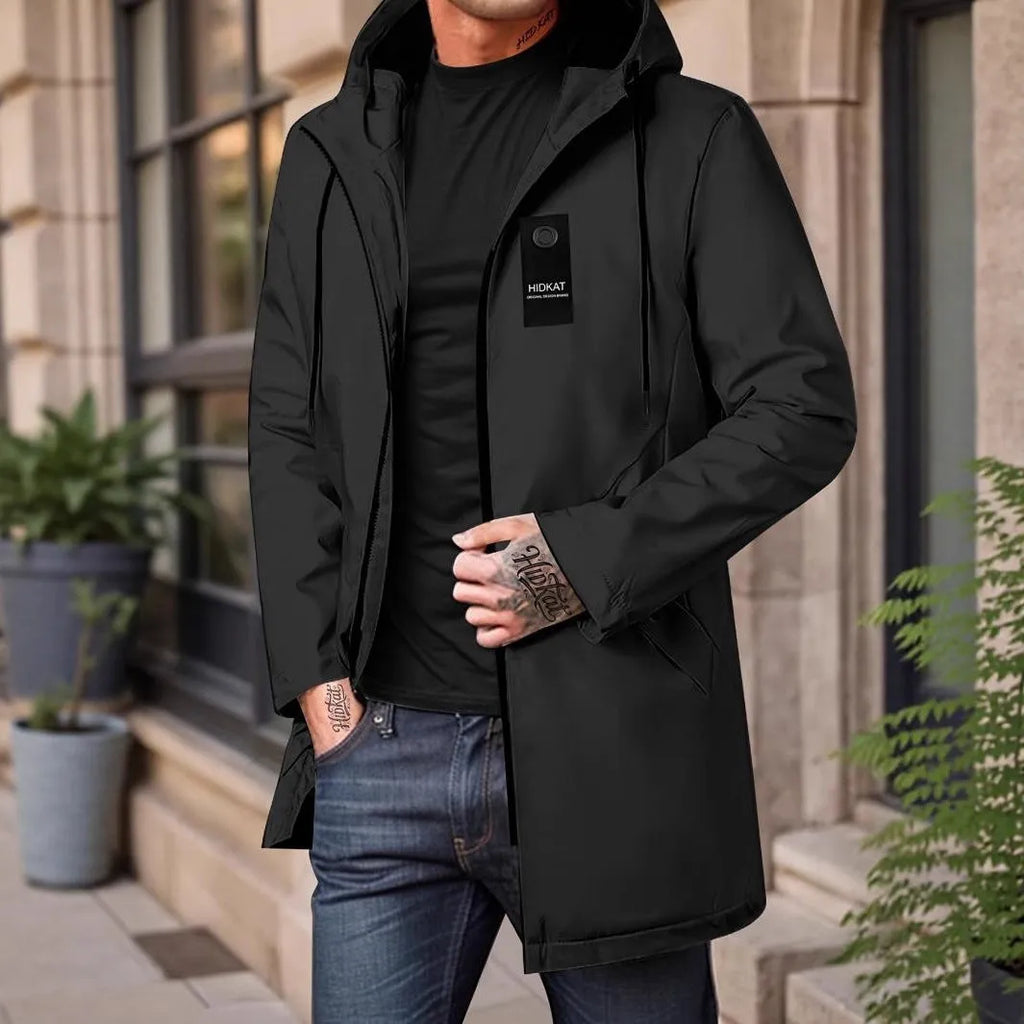 Men's mid-length hooded windproof shell jacket in gray, made from polyester fibre, with long sleeves and front zipper