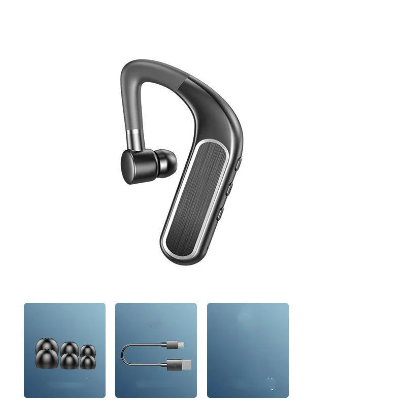 Black Bluetooth earphones with hanging ear design and a selection of silicone ear tips.