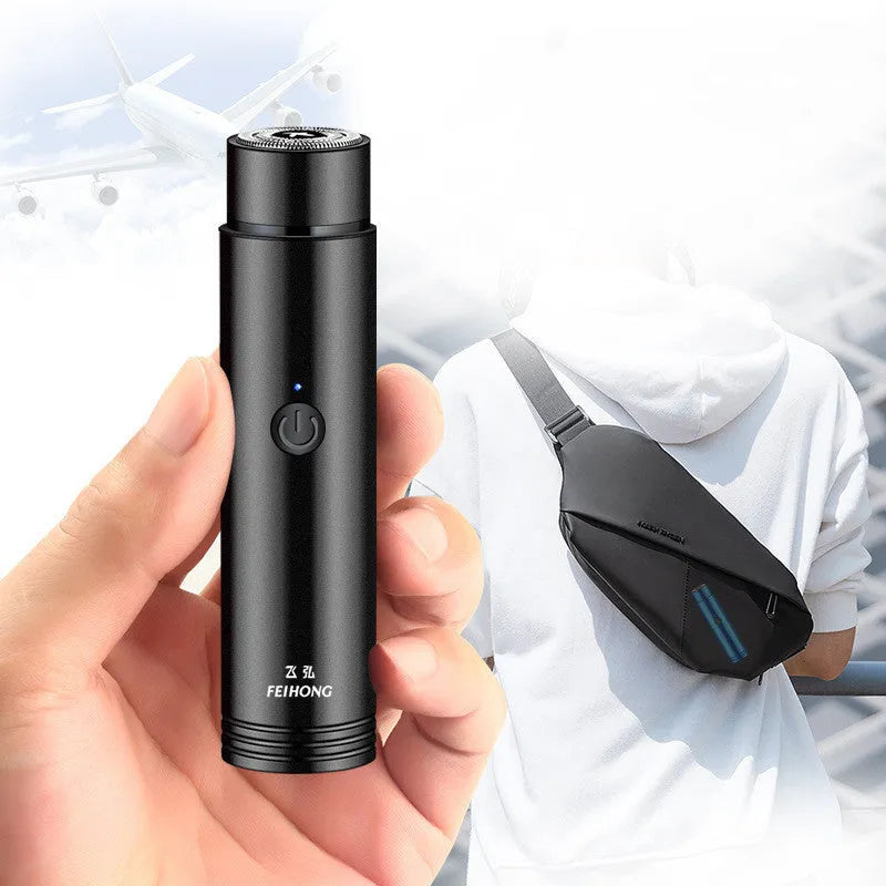 Black and blue portable electric shaver with USB cable and detachable washable head.