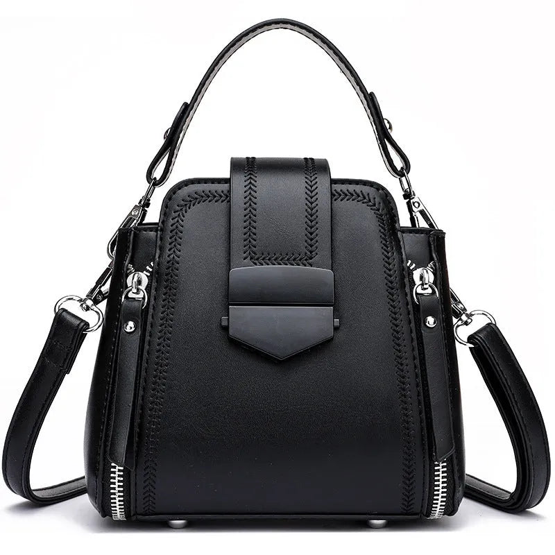 Soft PU leather ladies small handbag with square vertical shape and sewing thread detail