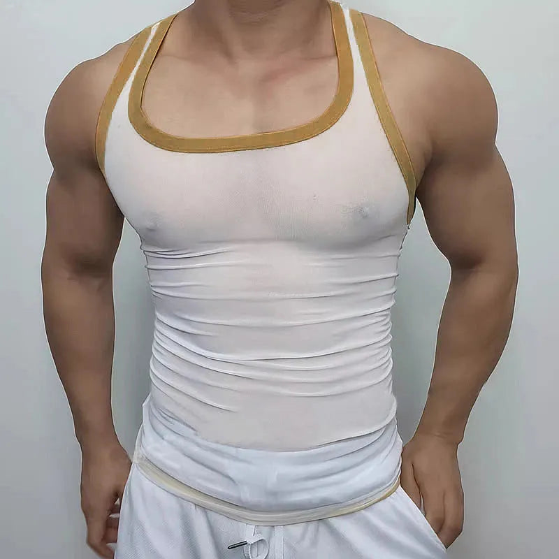 Men's solid colour mesh vest with straight hem design in white or black options