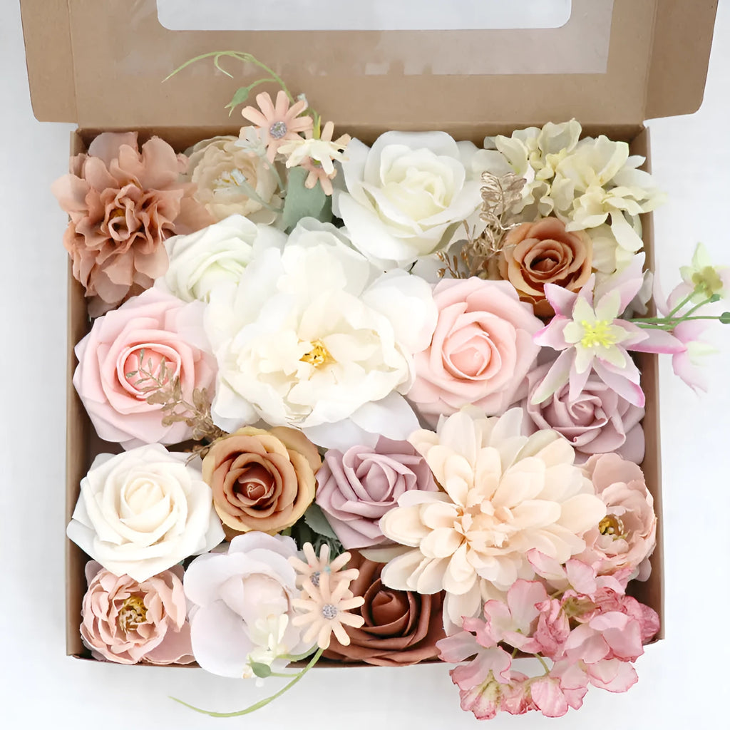 Lotus Pink Champagne Rose silk flower box half-handmade arrangement in decorative box