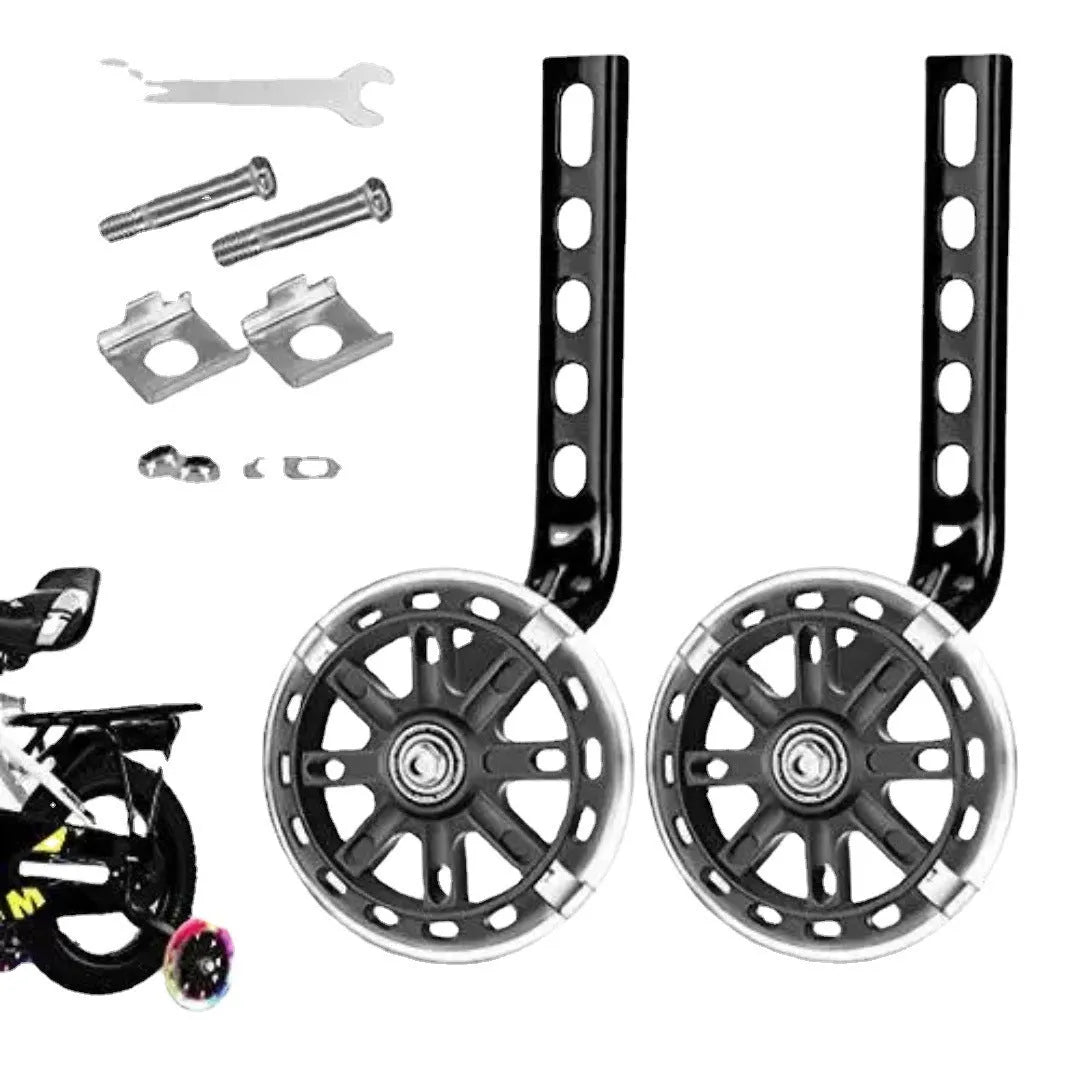 Set of children's bicycle training wheels with metal brackets and hardware in assorted colours