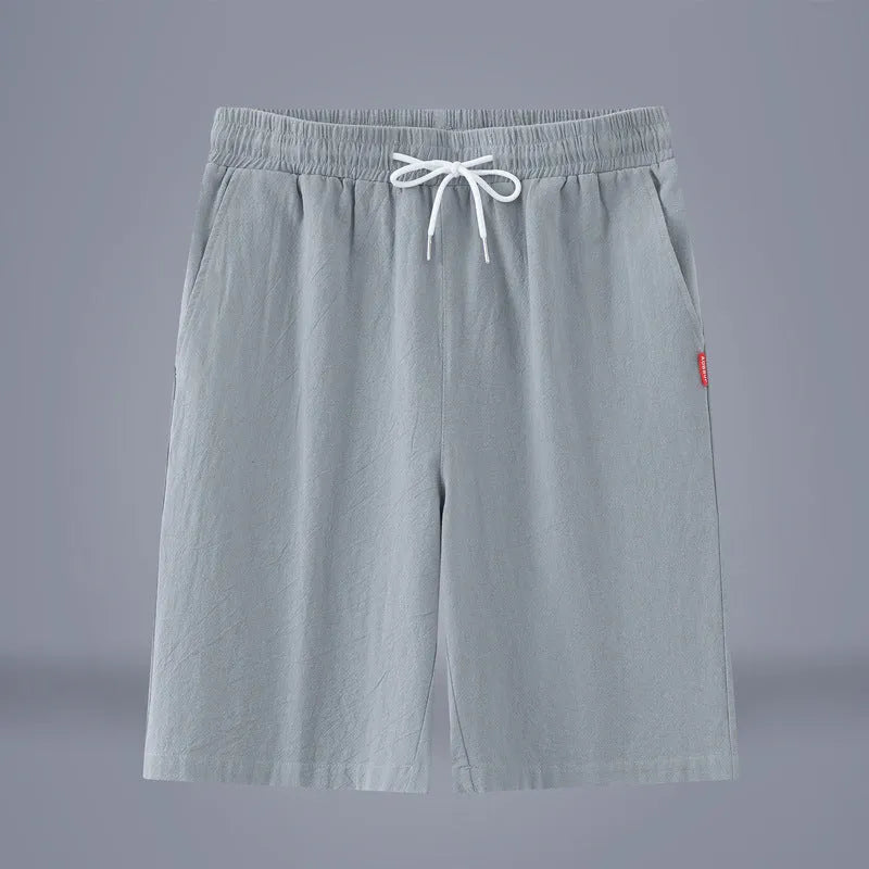 Solid colour cotton linen cropped trousers in Chinese style with drawstring waist