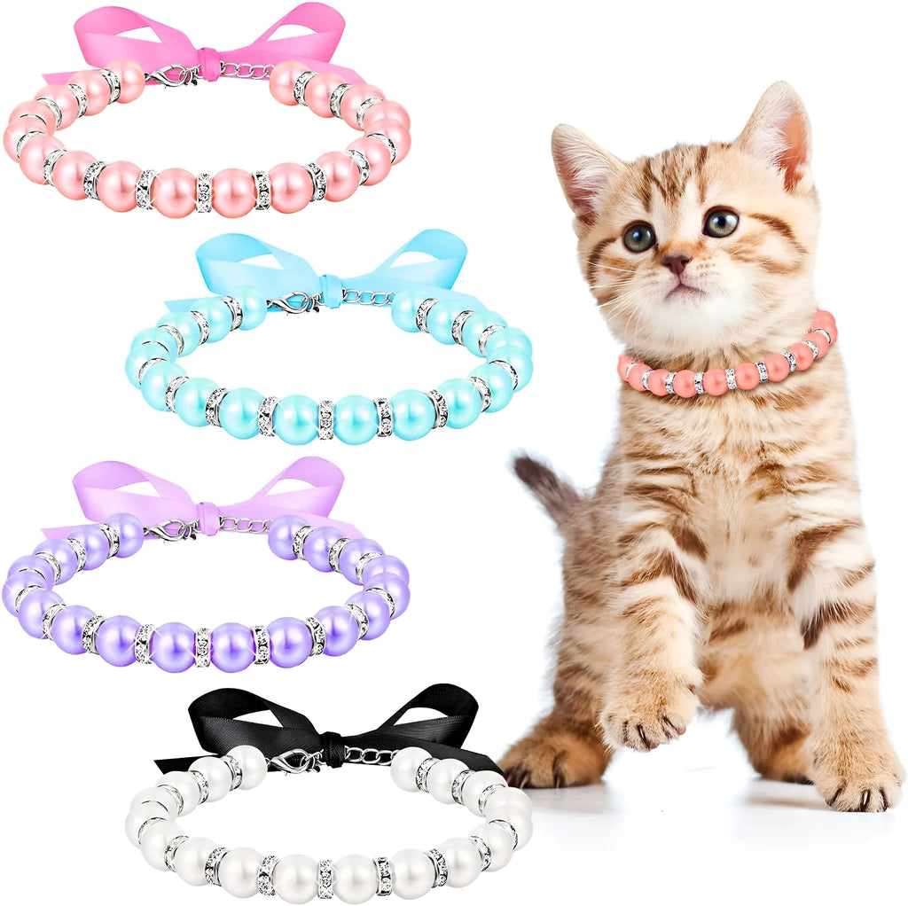 Adjustable dog pearl necklace with rhinestones on blue ribbon for small dogs