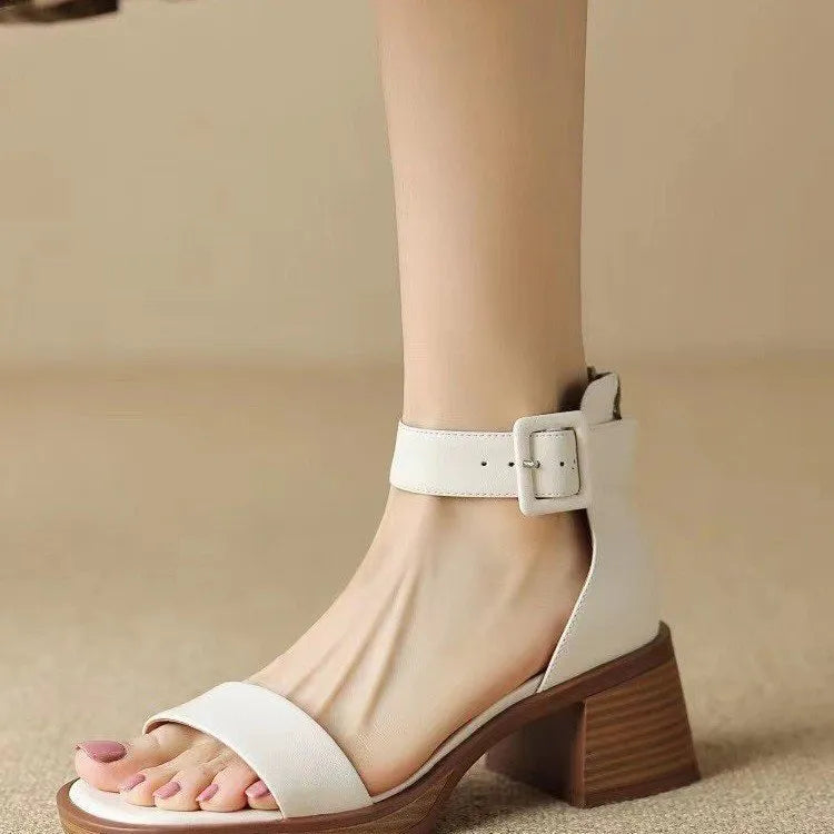 White retro ankle-strap platform heels for women with round toe design